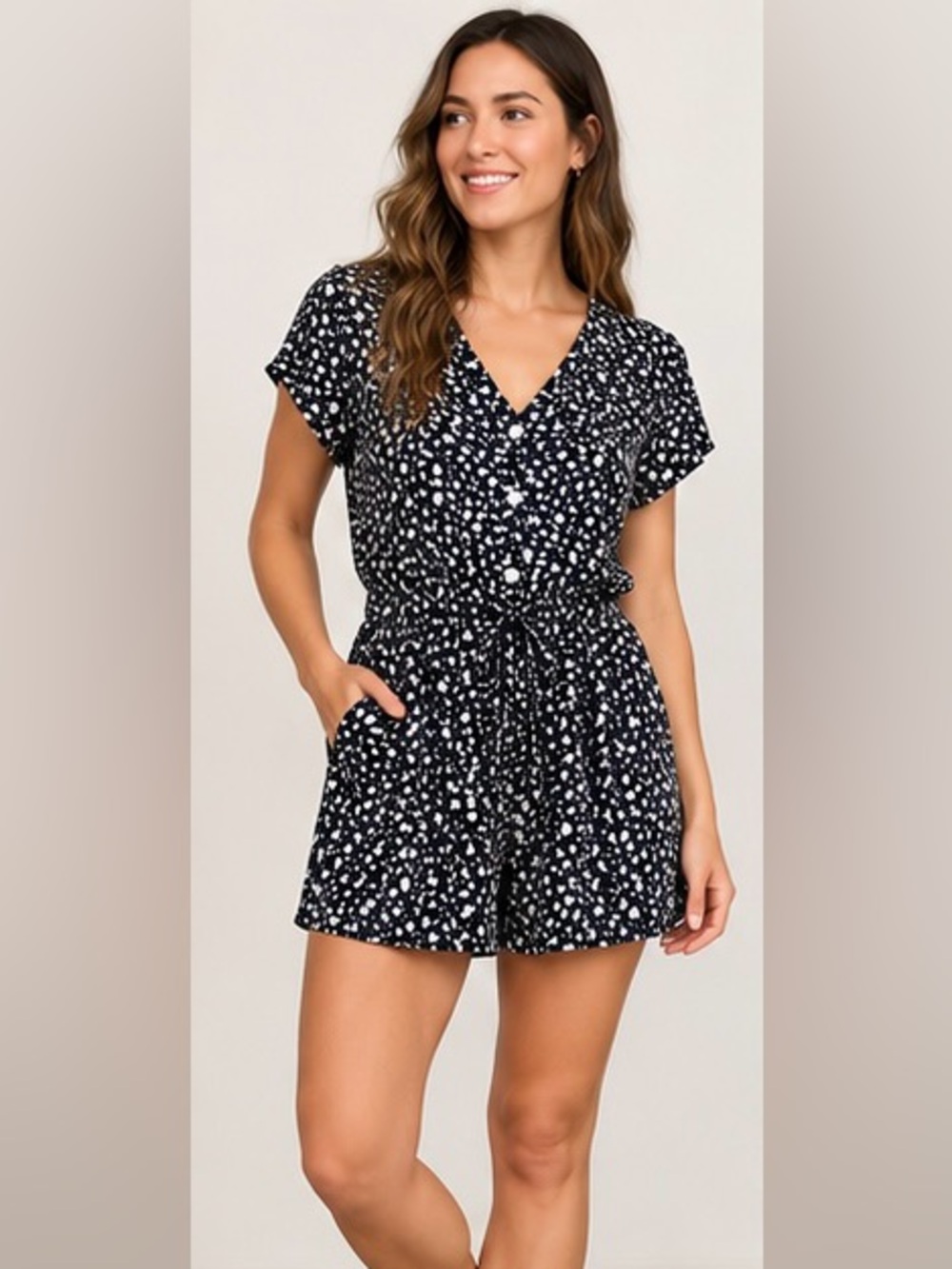 Gap Navy White Ditsy Floral Short Sleeve Romper XS Rayon Pockets Tie Waist